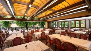 A spacious indoor dining area with multiple tables and chairs, large windows offering views of greenery outside. - Hotel Giardino (Cannobio)