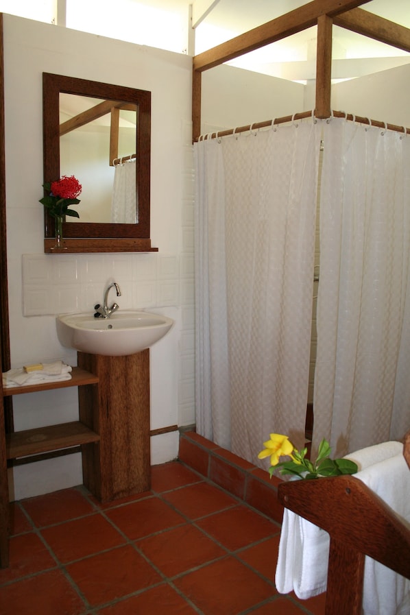 A bathroom with a wooden vanity, a sink, a mirror, and a shower curtain. - Statia Lodge (Oranjestad)
