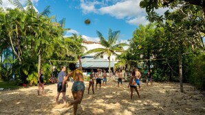 A group of people playing beach volleyball on a sandy court surrounded by palm trees. - Summer House Backpackers Cairns (Cairns North)