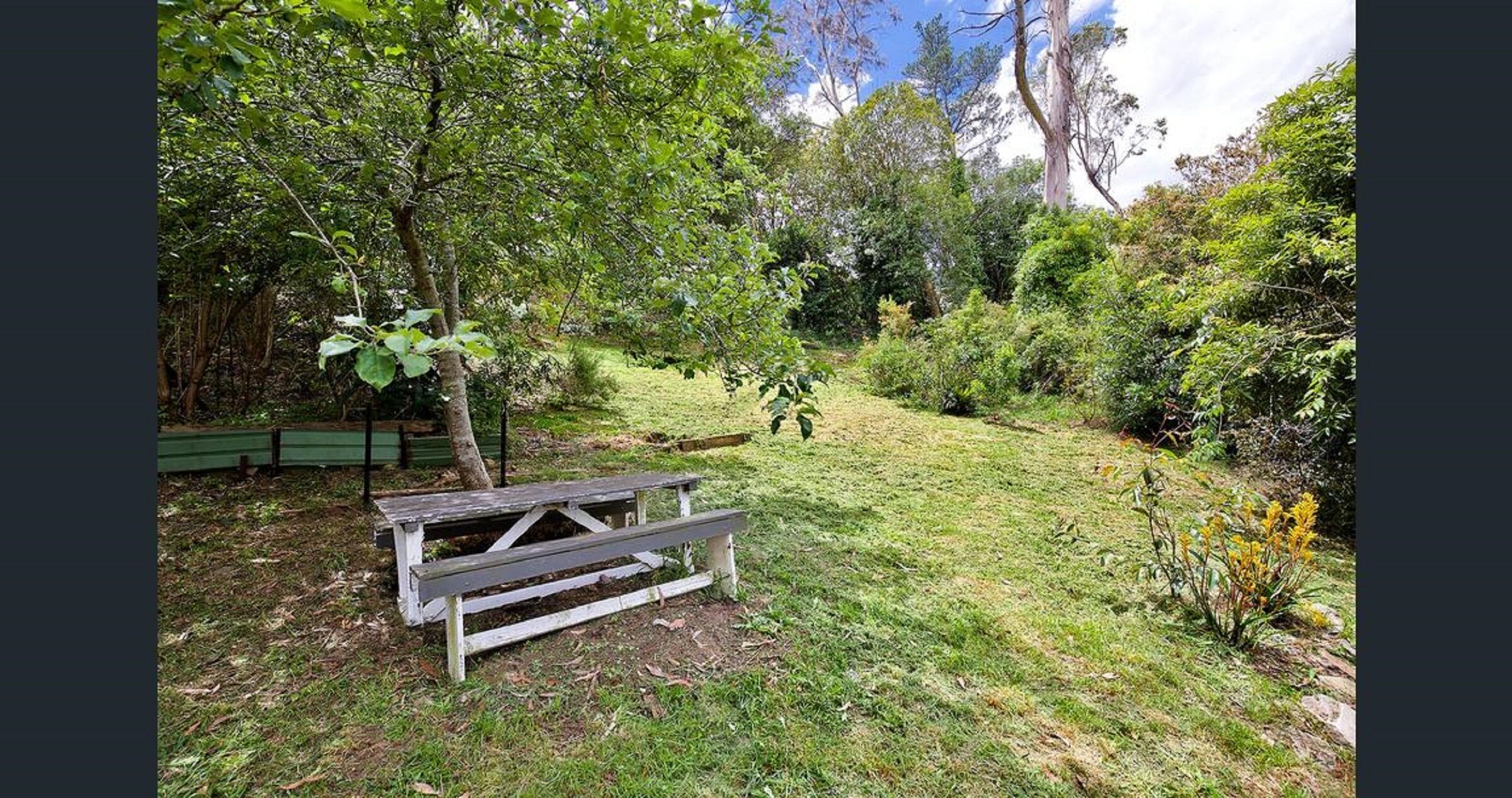 Ein Picknicktisch in einer grünen Umgebung mit Bäumen und Sträuchern.