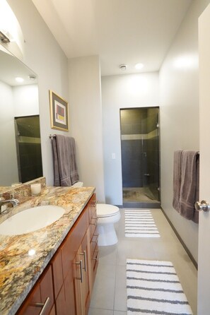 Combined shower/bathtub, eco-friendly toiletries, hair dryer, towels - Fireworks, Hot Tub & West Bay Views (Traverse City)