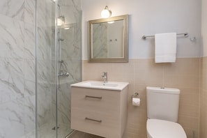 Shower, hair dryer, towels, soap