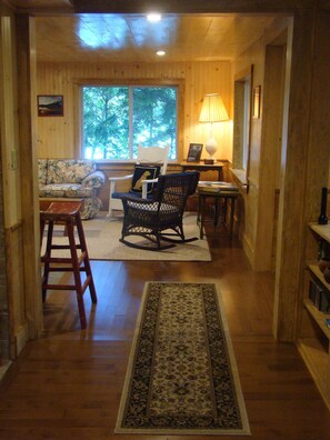 Fireplace, books, music library, stereo