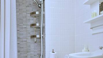 Hair dryer, towels, shampoo, toilet paper