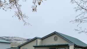 A single-story building with a red door, a small porch, and a green roof. - The Dayton Lake Place (Dayton)