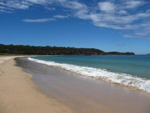 Ein Strand mit klarem, blauem Wasser, sandigem Ufer und einer bewaldeten Hügelkette im Hintergrund.