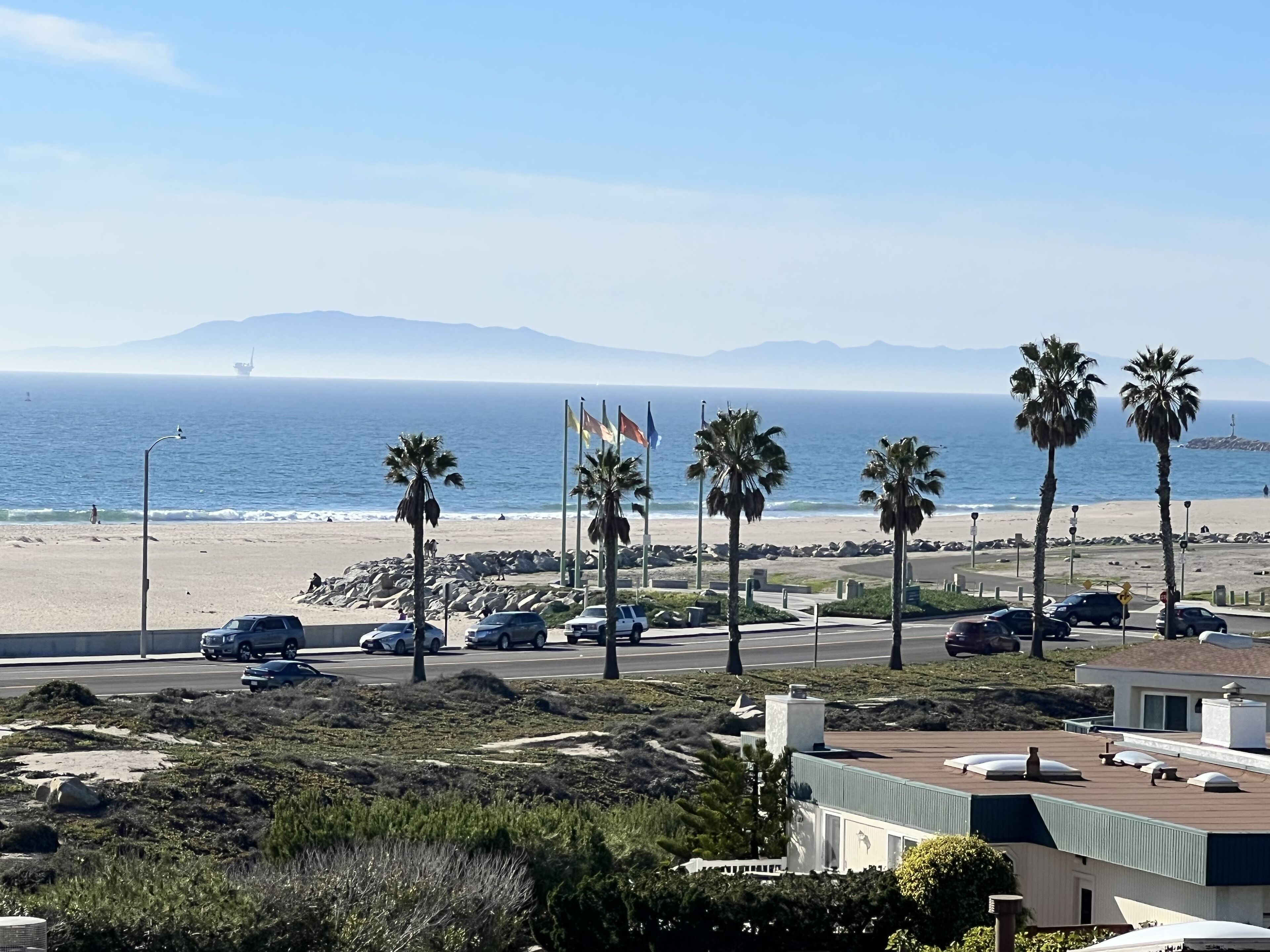 On the beach, sun-loungers