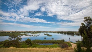 A landscape with a large body of water, trees, and a windmill. - Limestone Ridge River Getaway (Tailem Bend)