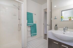 Regadera, secadora de cabello, toallas, papel de baño 