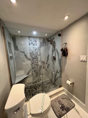 Regadera, secadora de cabello, toallas, papel de baño 