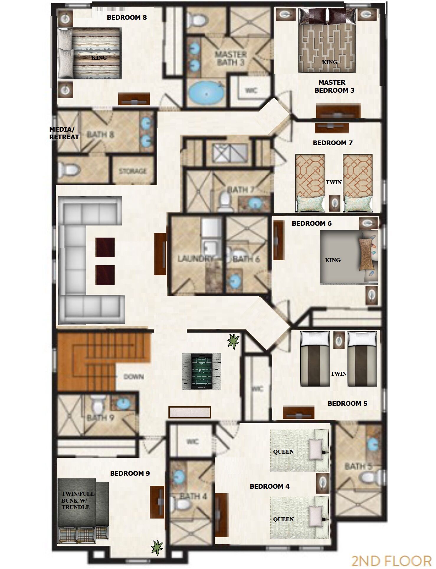 A 2nd floor floor plan with 9 bedrooms, 3 master bathrooms, a laundry room, and a media/retreat area.