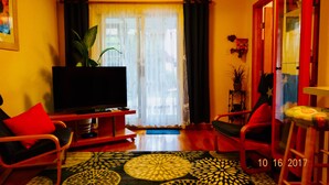 Un saló amb televisió de pantalla plana, un sofà, una cadira, una taula petita i una planta en test.