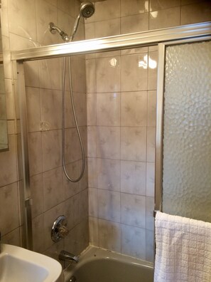 Combined shower/tub, hair dryer, towels, soap