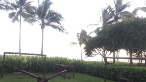 A grassy area with palm trees and a swing set. - Renovated building, 170m2, 4 bedrooms - air conditioning, terrace and barbecue, beachfront. (Bertioga)
