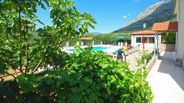 Un espace piscine avec une vue imprenable sur les montagnes, entouré de verdure.