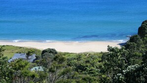 A coastal landscape with a beach, greenery, and a house.