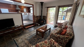 Smart TV, fireplace, books