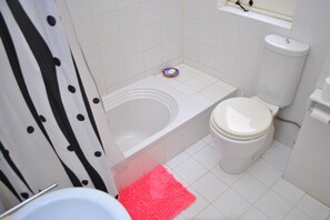 Bathtub, hair dryer, towels, soap