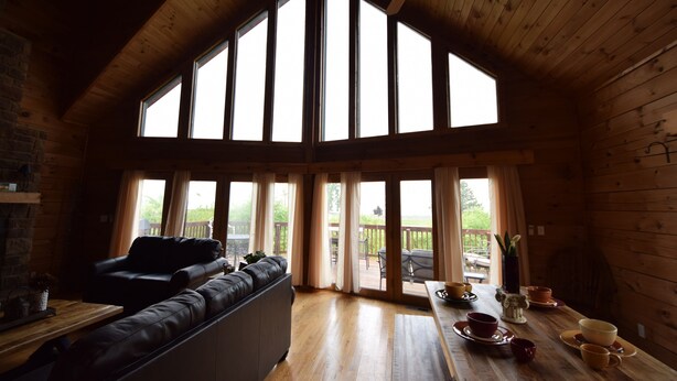 A spacious room with a high ceiling, wooden walls, and large windows. There is a sofa, a dining table with chairs, and a fireplace.