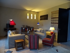Televisión, chimenea, reproductor de DVD, libros