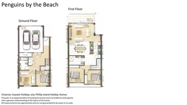 A floor plan of a holiday home with a garage, storage, kitchen, dining, two bedrooms, and a balcony.