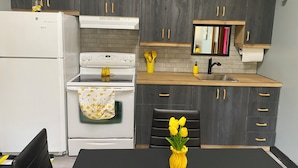 Una cocina moderna con refrigerador, estufa, pileta y alacenas de madera.