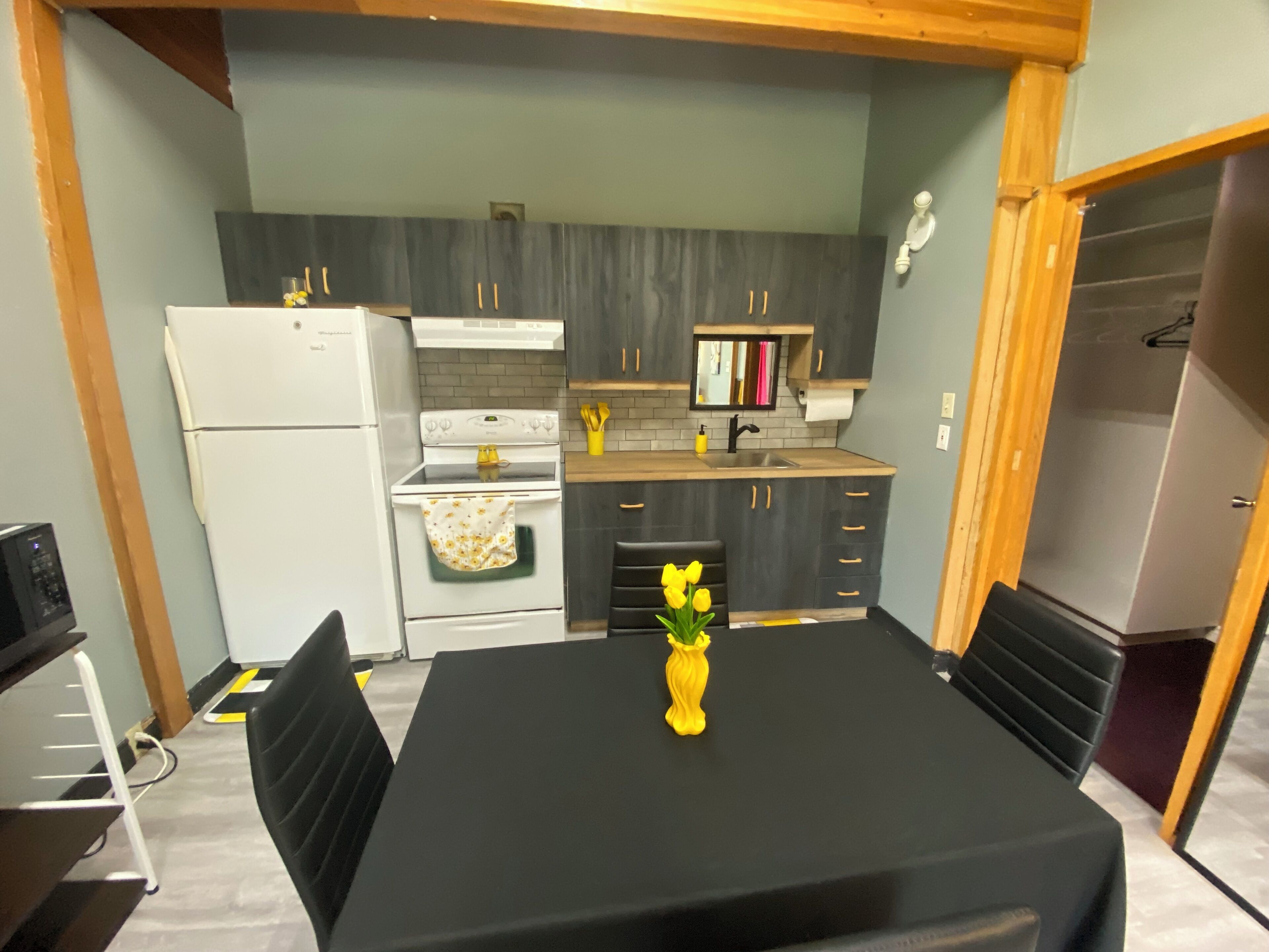 Basic Apartment | Dapur peribadi | Peti sejuk, ketuhar gelombang mikro, pembancuh kopi/teh, cerek elektrik 