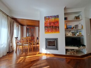 Smart TV, fireplace, books