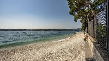 On the beach, sun-loungers, beach towels