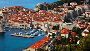 Una ciudad costera con arquitectura histórica, un puerto fortificado y una combinación de edificios residenciales y comerciales.