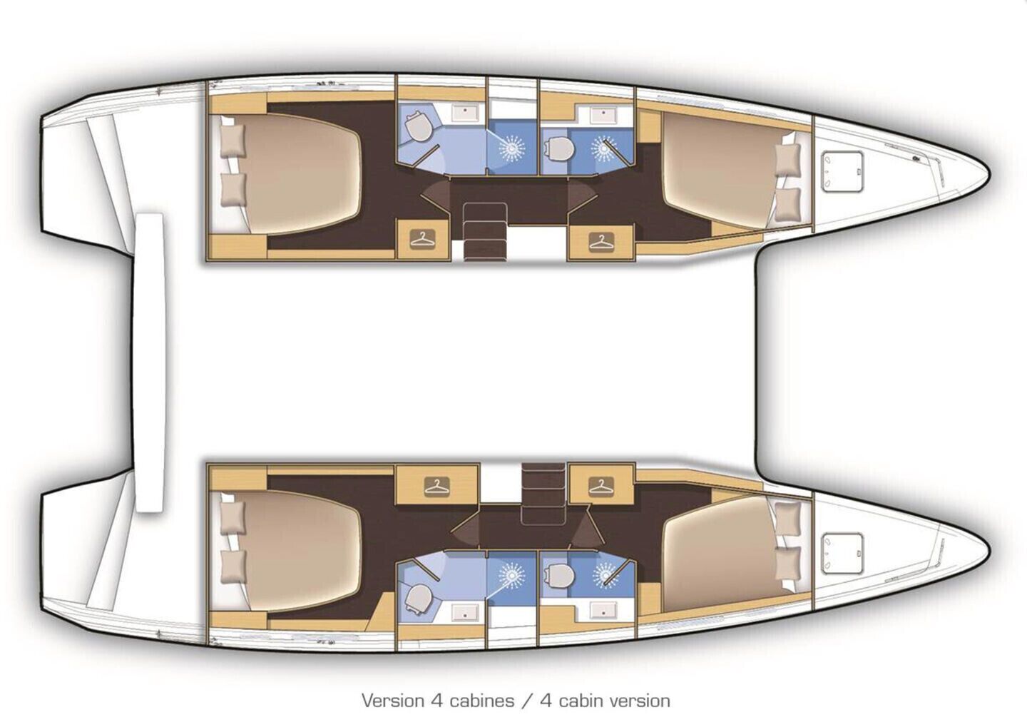 A layout of a boat with four cabins, each with a bathroom and a seating area.