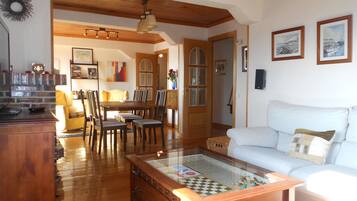 Smart TV, fireplace, DVD player, books