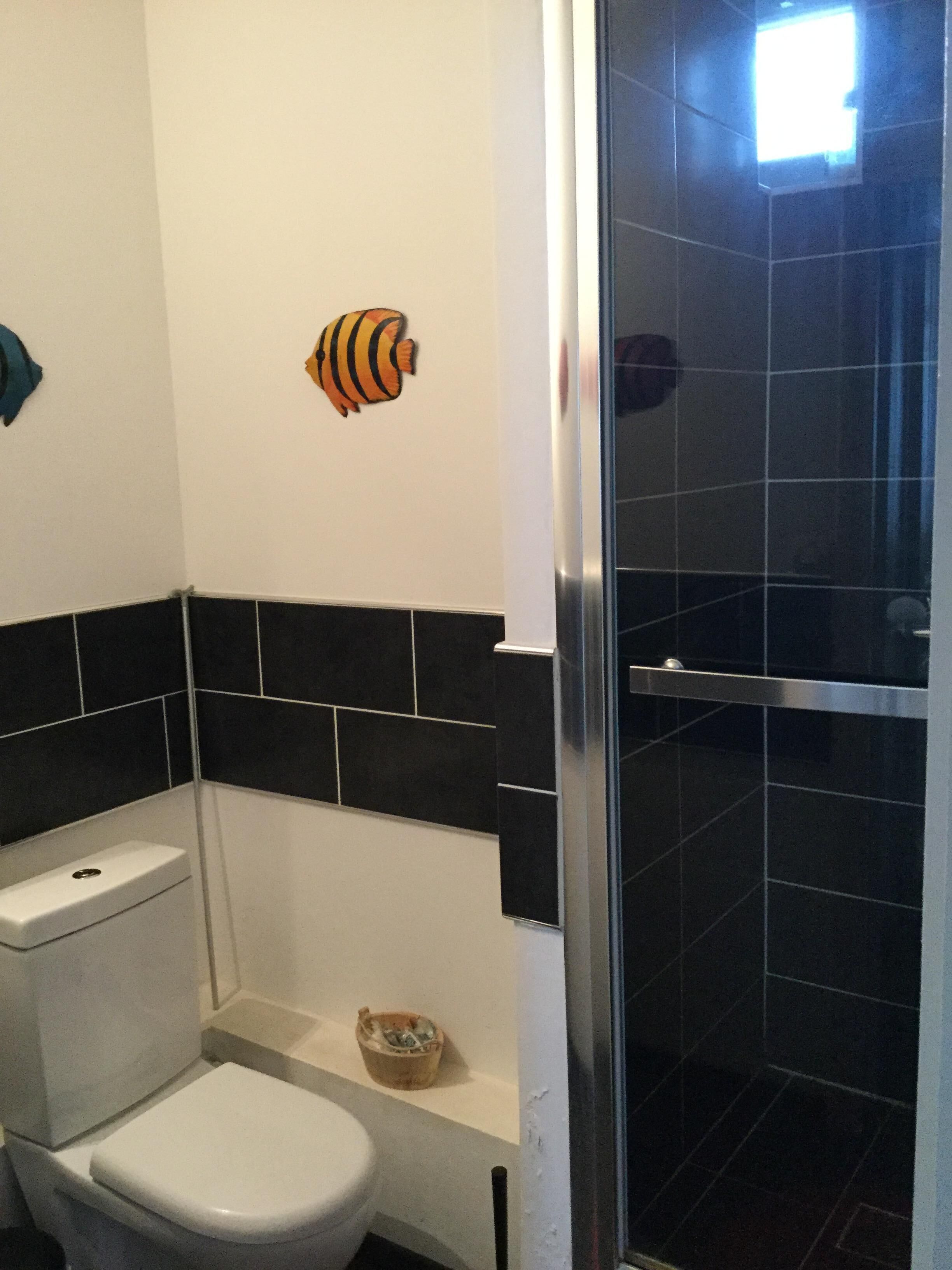 A bathroom with a toilet, a shower, and a wall-mounted fish decoration.