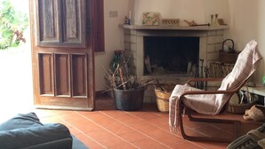 Uma sala de estar com lareira, porta de madeira, uma cadeira e um vaso de planta.
