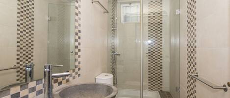 Une salle de bain avec un grand lavabo en pierre, une douche à parois de verre et des toilettes.