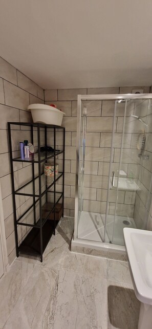 Shower, hair dryer, towels