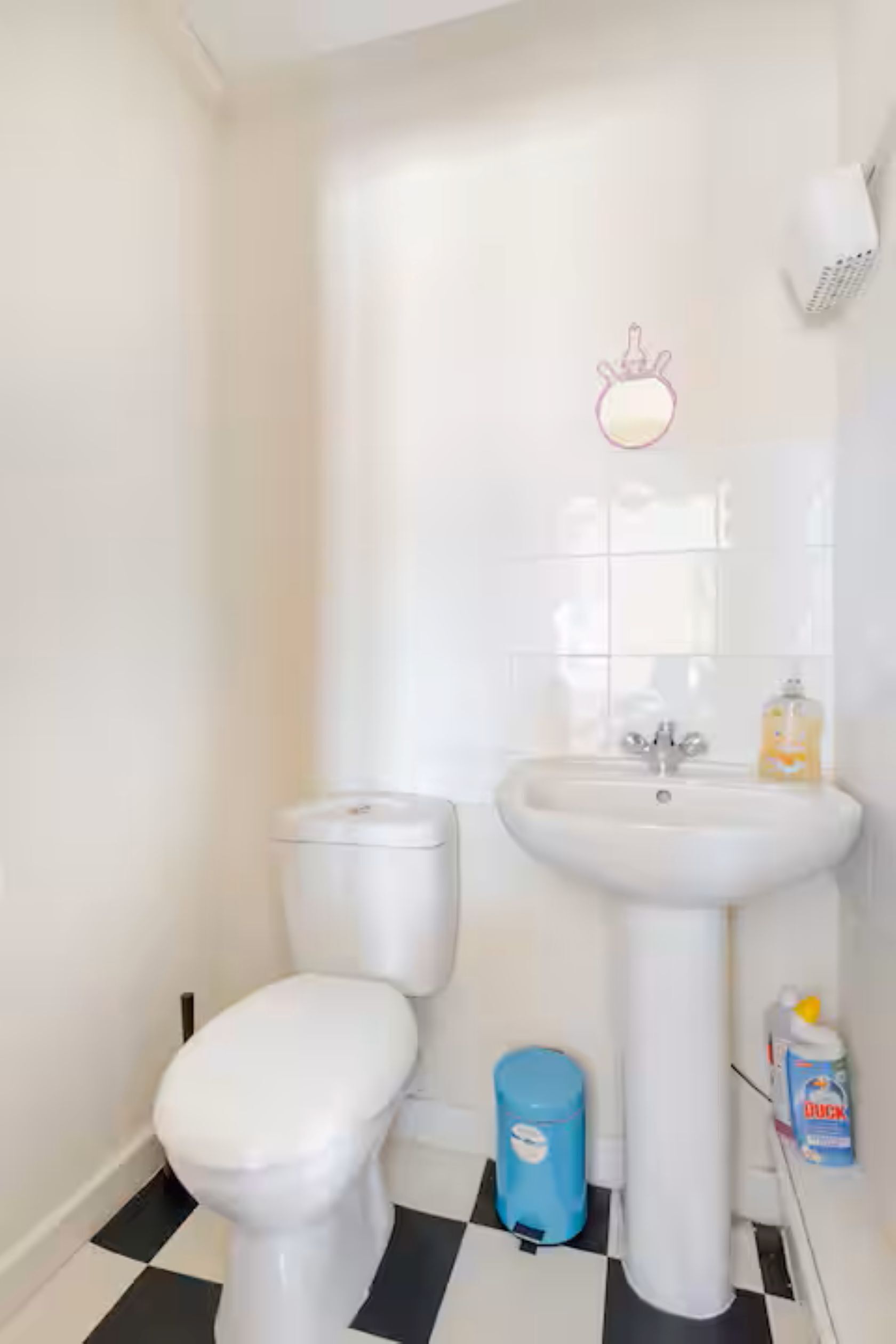 Une salle de bain avec des toilettes, un lavabo et une poubelle bleue.