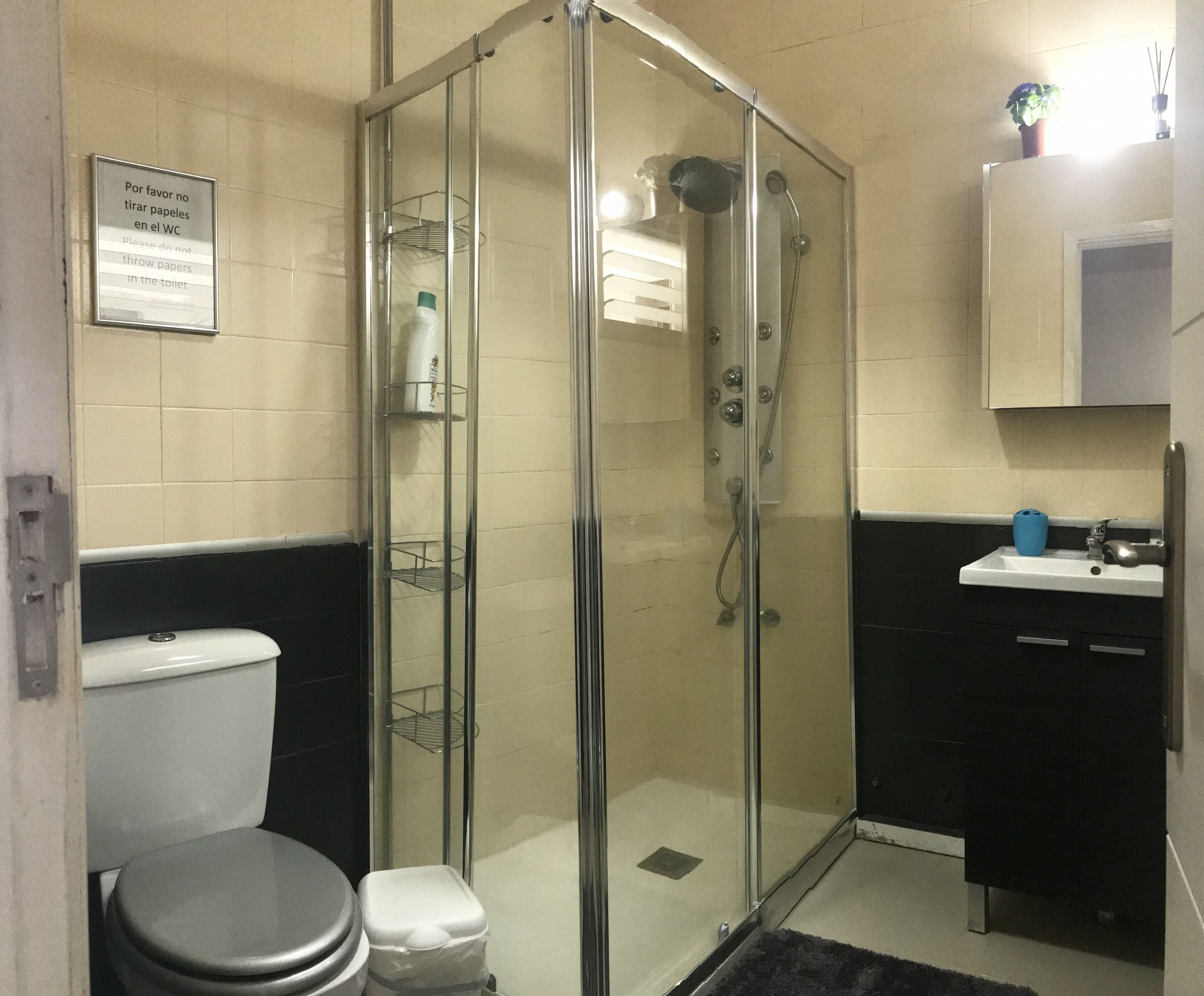 Douche, sèche-cheveux, serviettes fournies, savon
