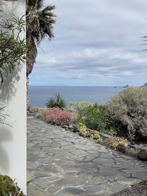 Uma trilha de pedra serpenteia até uma vista costeira, com diversas plantas e uma estrutura de telhado de palha.