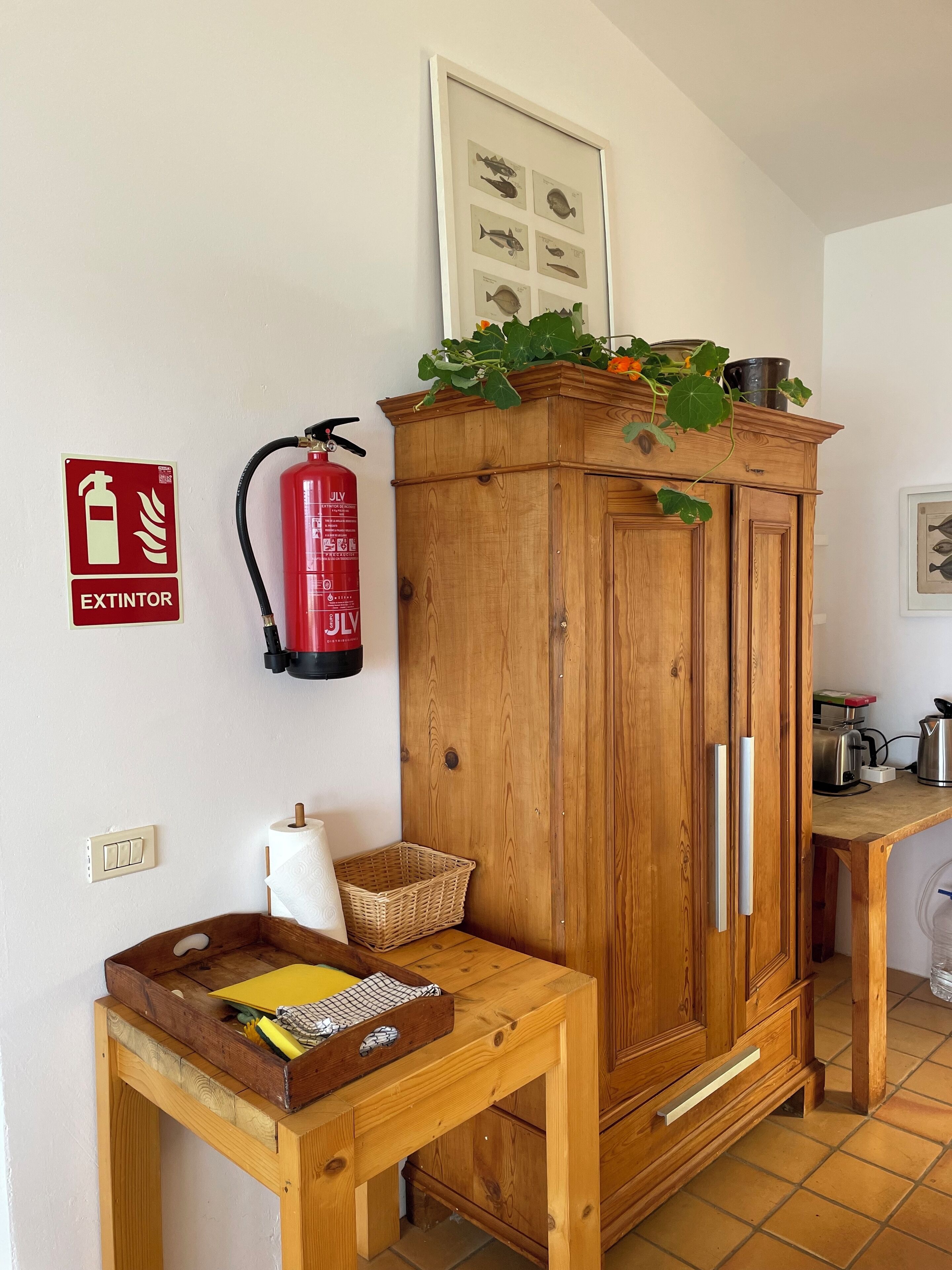 A wooden cabinet with a fire extinguisher mounted on the wall, a framed fish illustration, and a small table with a basket and a yellow folder.