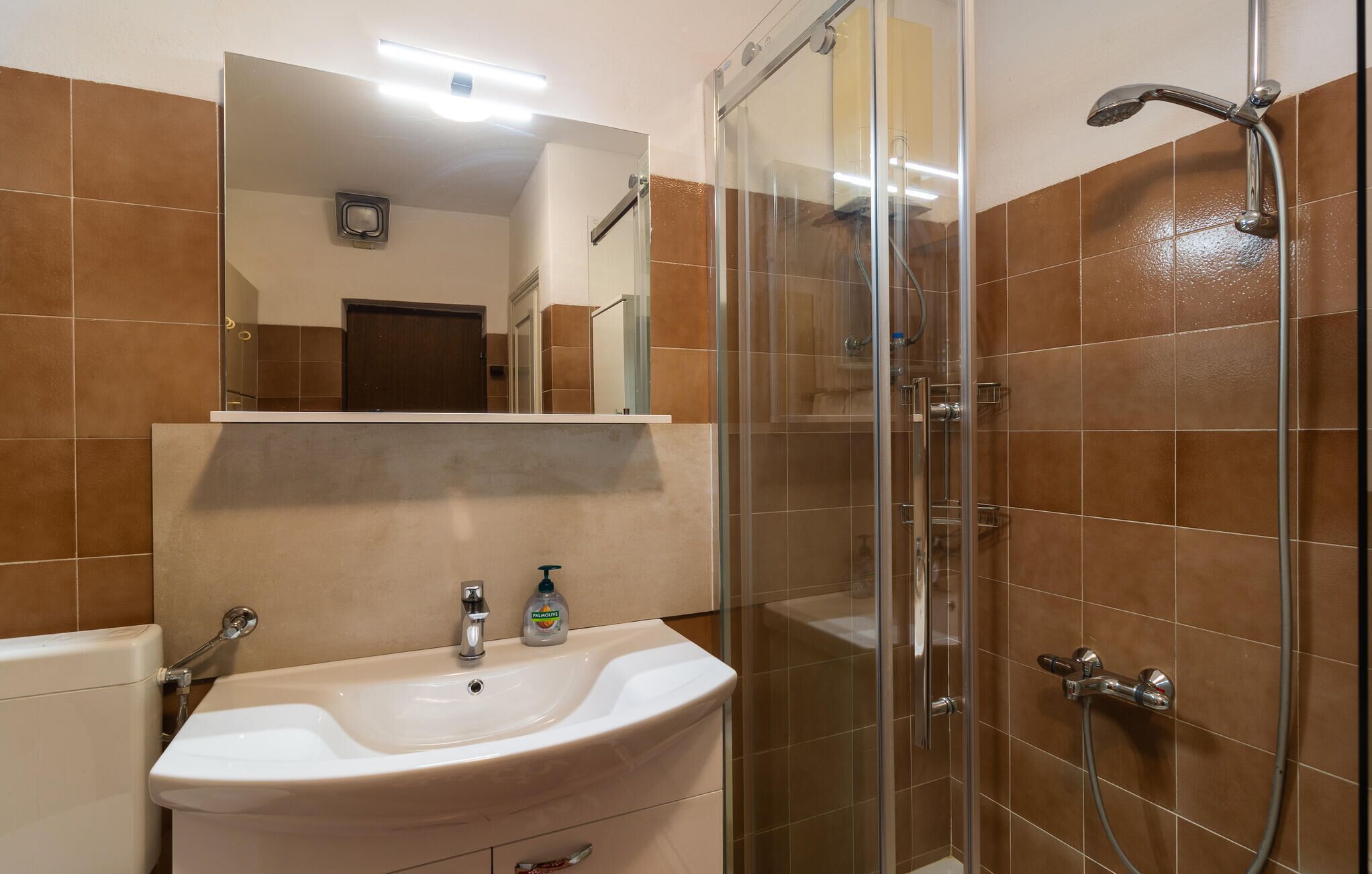 A bathroom with a sink, mirror, and shower.