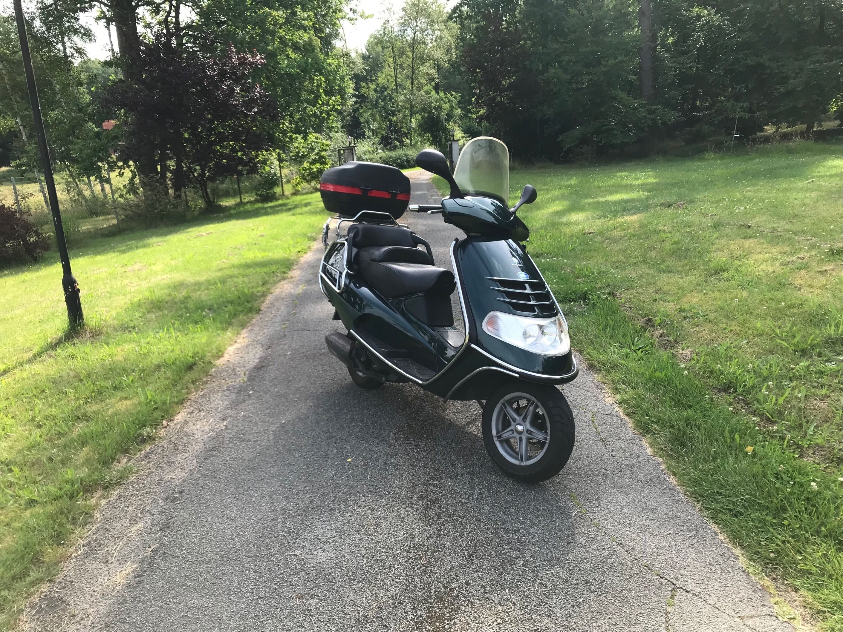 En svart scooter står parkerad på en grusgång, omgiven av gräs och träd.