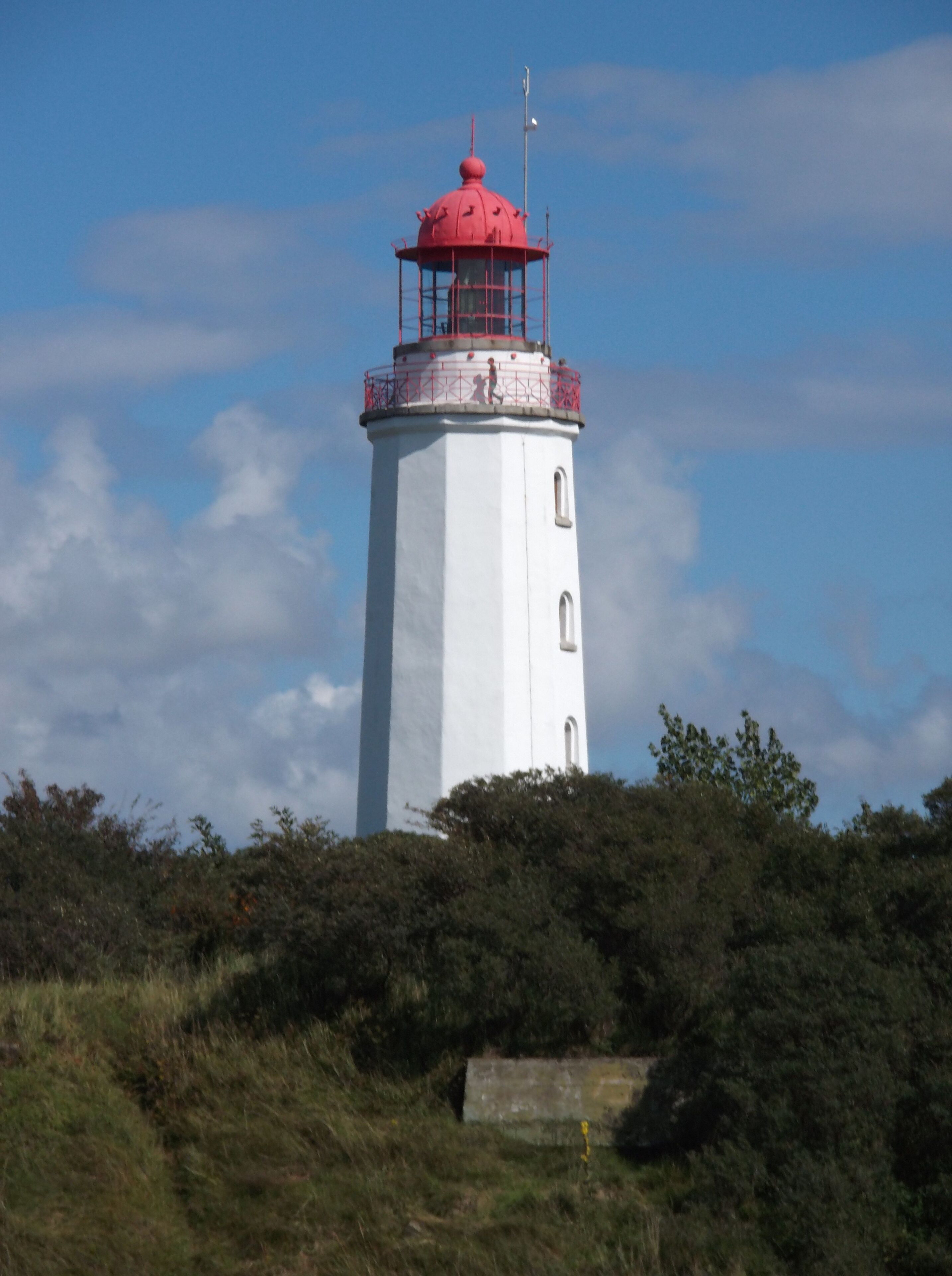 Un faro con la cima rossa, circondato dal verde.