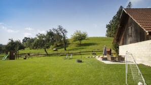 A grassy outdoor area with a goalpost, a slide, and a wooden building.