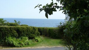 A coastal road with a view of the sea, surrounded by dense greenery and a hedge. - Doëlan: Charming house facing the sea  (Clohars-Carnoët)