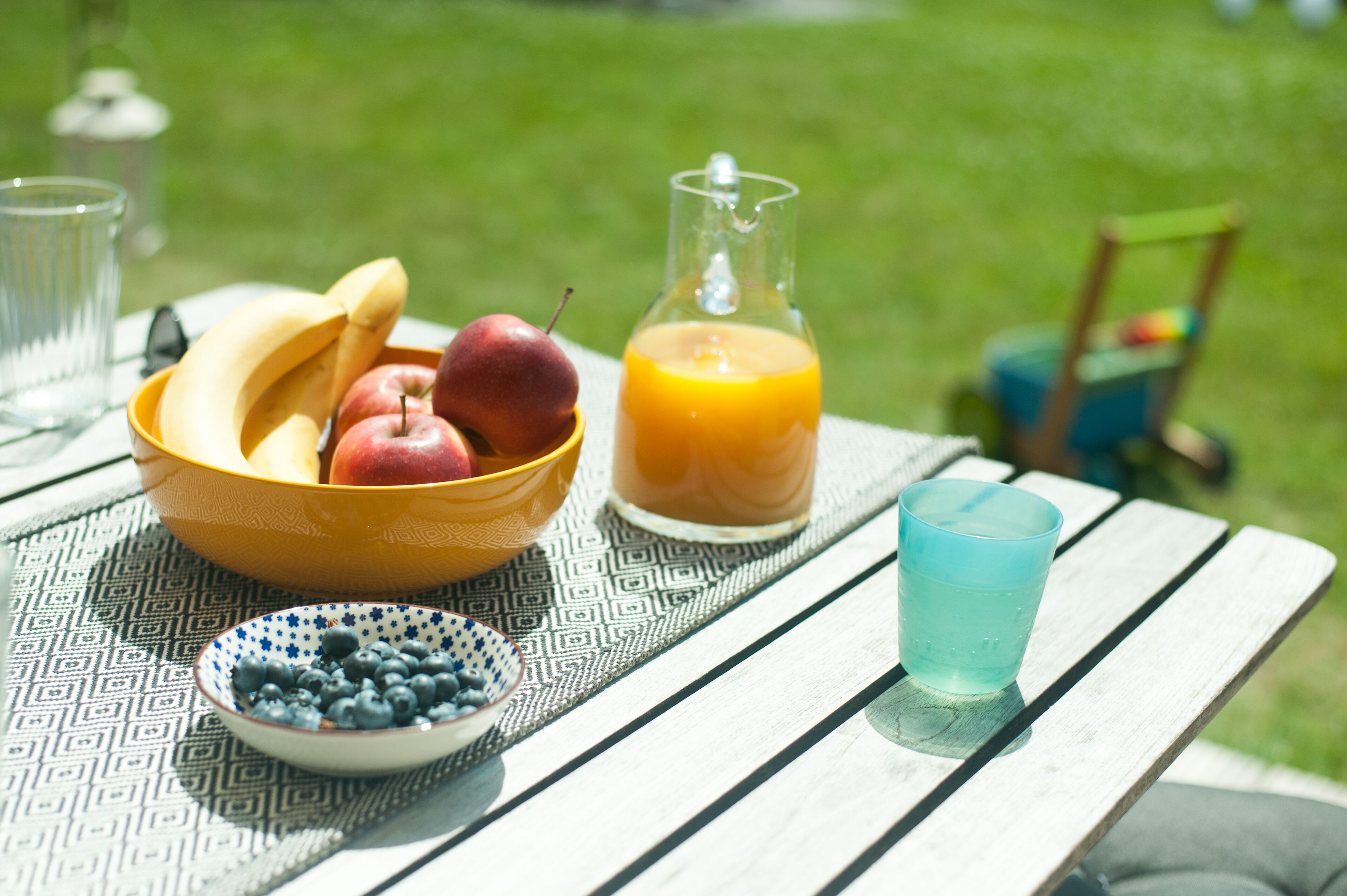 A picnic setup with a bowl of fruits, a pitcher of orange juice, and a glass on a patterned tablecloth.