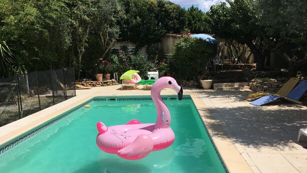 A swimming pool with a pink flamingo float. - Fenced garden with 10x4 pool, 85m2 terrace and shaded terrace (Générac)