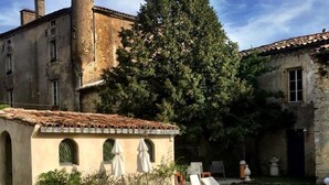 A swimming pool with lounge chairs, a person swimming, and a building with a tiled roof. - an unusual and Design Chateau (Pech- Luna)