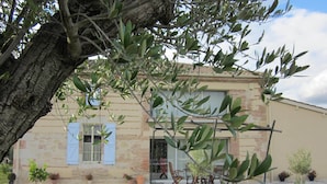Un bâtiment à la façade en briques, avec un grand arbre au premier plan et plusieurs plantes en pot disposées autour de l’entrée.