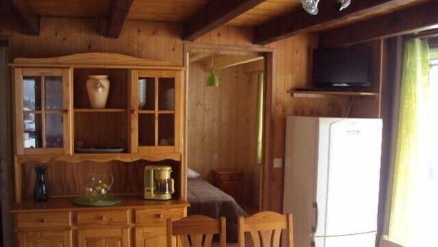 Een houten cabin met een eettafel, stoelen, een koffiezetapparaat en een koelkast.